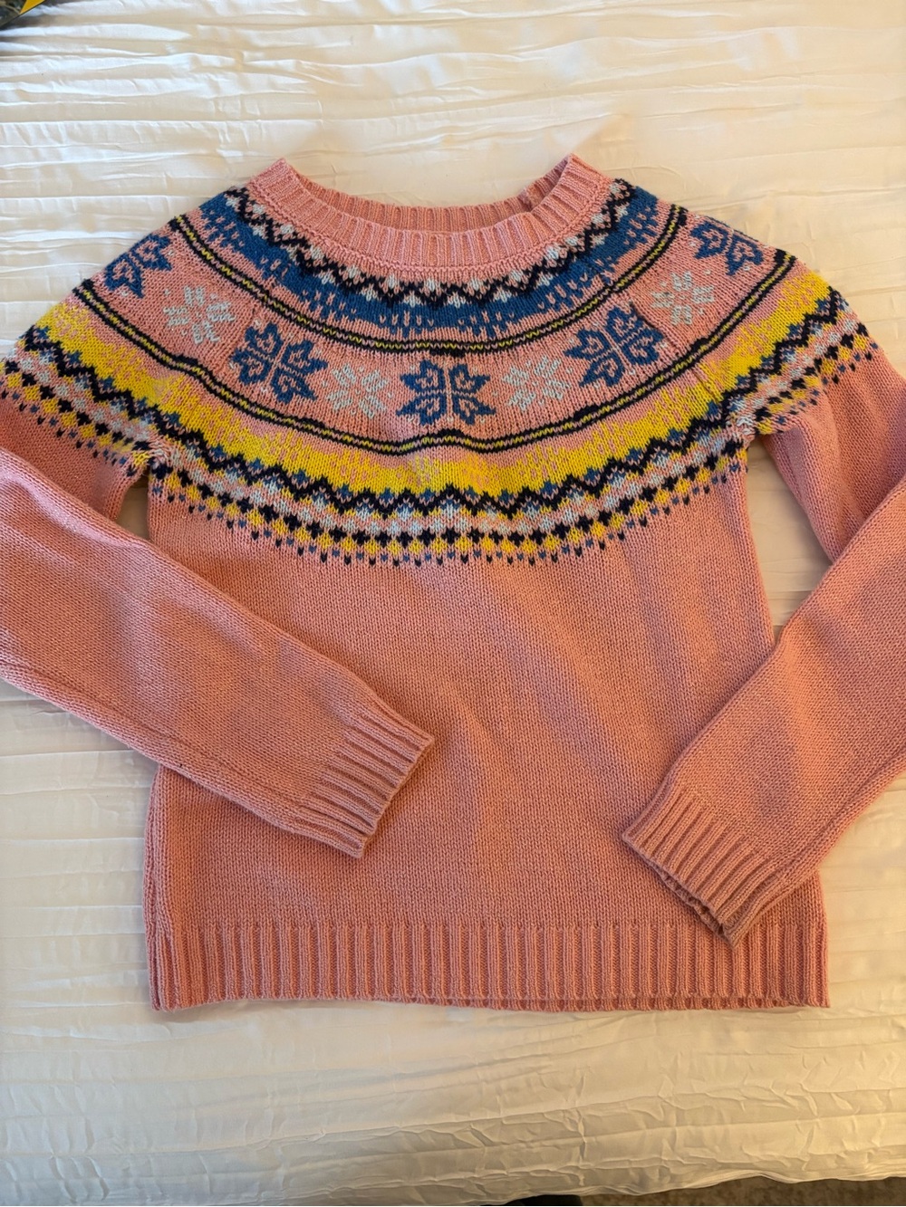 Epic Threads Pink Crewneck Sweater with Blue, Yellow & Cream Fair Isle Yoke